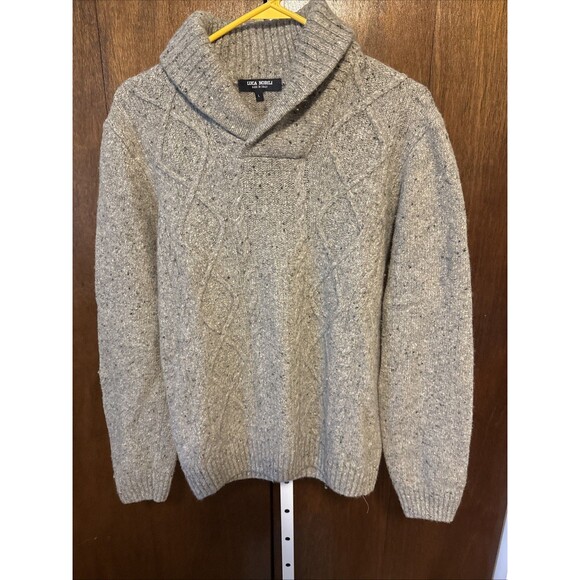 Luca Nobili Sweater Mens L Gray Speckle Cable Knit Shawl Collar Italy Wool Blend - Picture 1 of 5